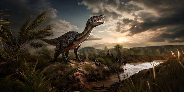 Photographie de Baryonyx Dinosaure à grandes dents du Crétacé avec paysage de palmiers