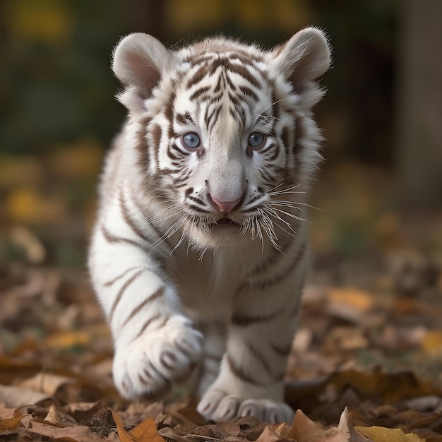 photographie de bébé tigre blanc en cours d'exécution en gros plan