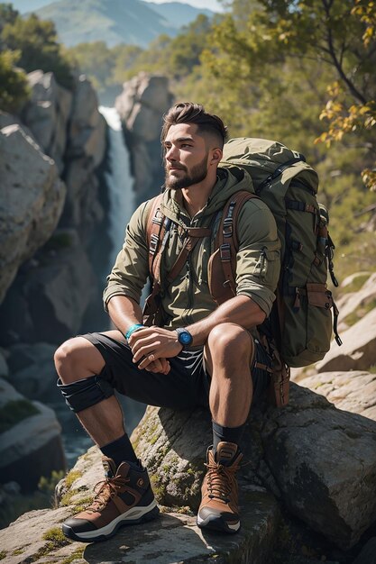 Photographie d'un bel homme blond avec un sac de montagne