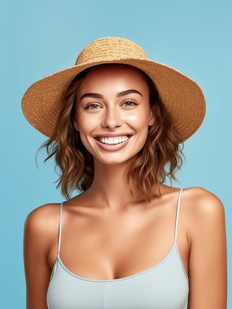 Photographie d'une belle femme souriante portant un haut court et un chapeau de paille