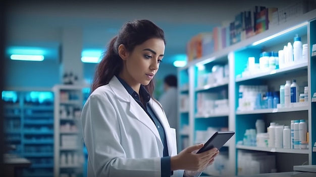 photographie d'une belle pharmacienne utilisant une tablette numérique