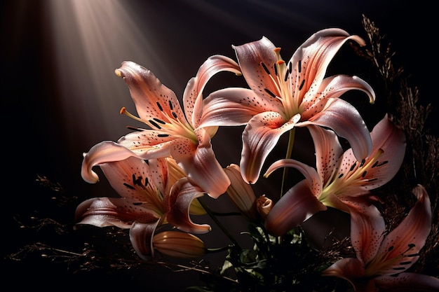 Une photographie d'un bouquet de lys dans un éclairage spectaculaire
