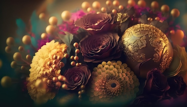 La photographie de bouquets de fleurs décoratives et fraîches célèbre l'événement dans un style génératif ai