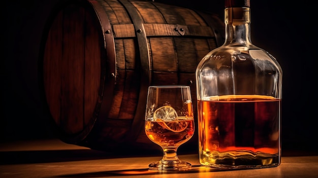 Photo photographie d'une bouteille de whisky écossais avec un verre de whisky et un vieux tonneau en bois