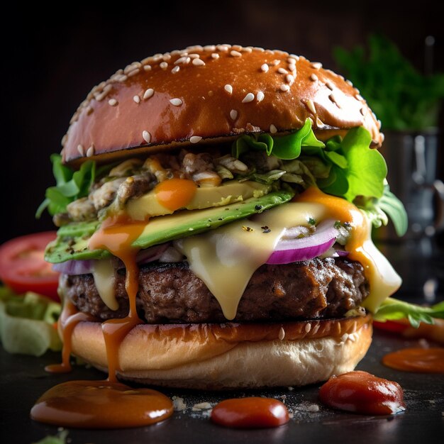 Photographie d'un burger gastronomique avec des garnitures visuellement frappantes salade tomate viande sauce à l'oignon