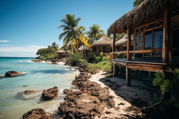 Photographie de cabanes en bambou à la structure unique