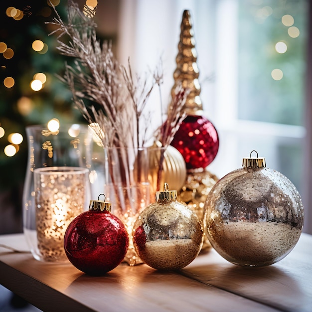 photographie d'un cadre de Noël confortable avec des boules scintillantes et des décorations de Noël dans les tons de