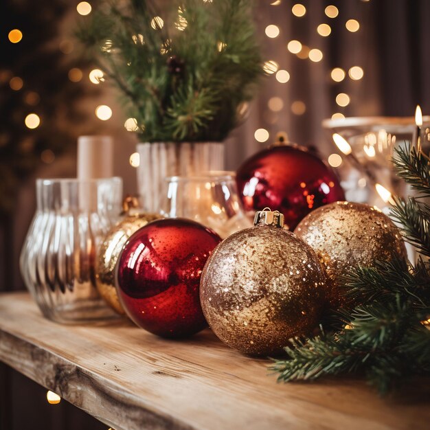 photographie d'un cadre de Noël confortable avec des boules scintillantes et des décorations de Noël dans les tons de