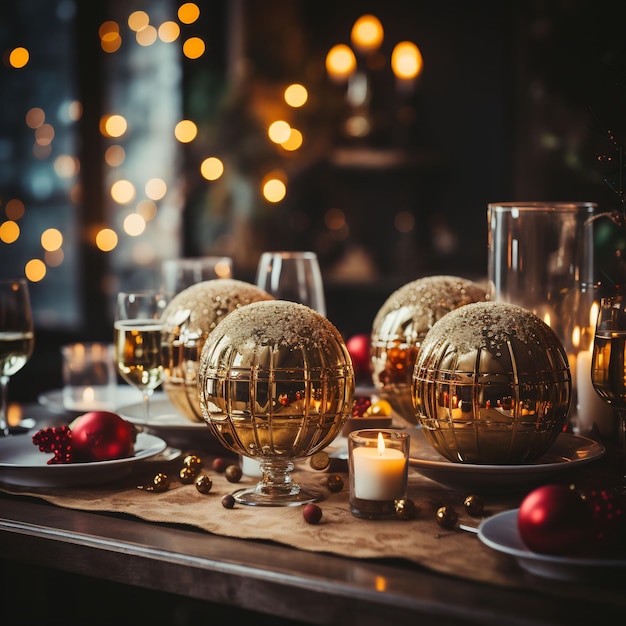 photographie d'un cadre de Noël confortable avec des boules scintillantes et des décorations de Noël dans les tons de
