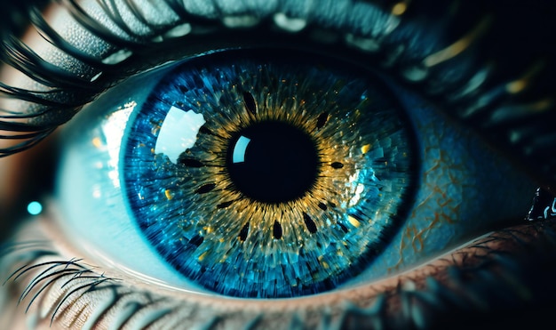 Une photographie captivante capturant les détails complexes d'un œil bleu humain de près révélant la beauté et la complexité saisissantes de l'iris