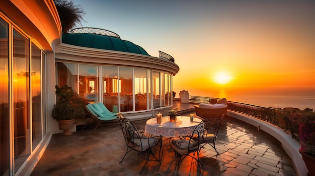 Une photographie captivante d'une luxueuse villa d'été mettant en vedette un magnifique coucher de soleil sur l'océan invitant à la détente et à l'indulgence