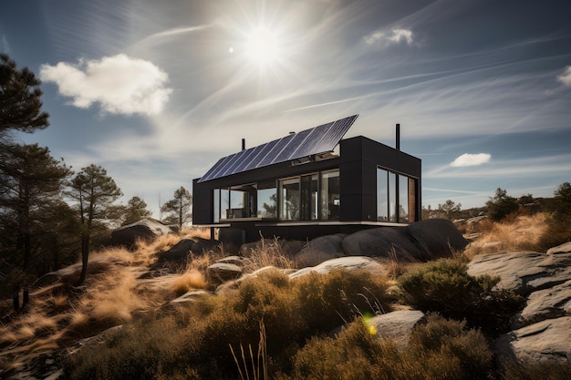 Une photographie captivante d'une maison moderne avec des panneaux solaires ouvrant la voie à des maisons écologiques