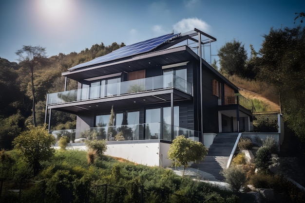 Une photographie captivante d'une maison moderne avec des panneaux solaires ouvrant la voie à des maisons écologiques