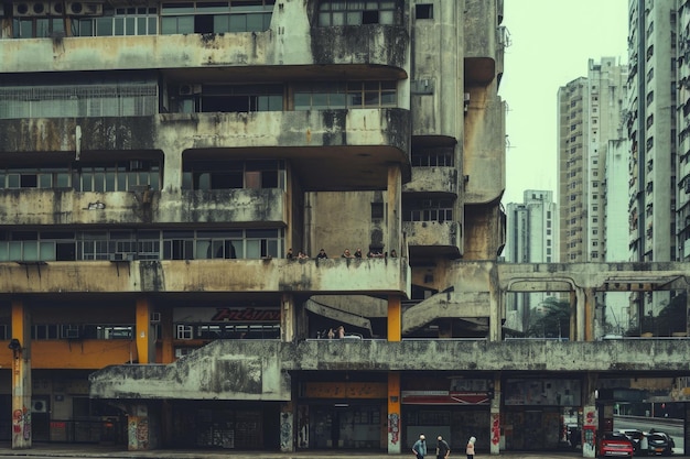 Cette photographie capture la stature impressionnante d'un immeuble imposant orné de nombreuses fenêtres et balcons d'architecture brutaliste dans une ville animée générée par l'IA