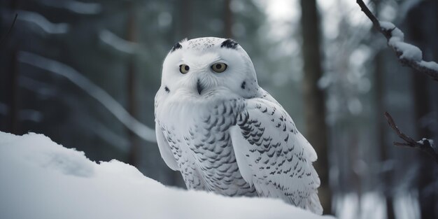 Photographie d'une chouette sauvage albino dans une forêt enneigée