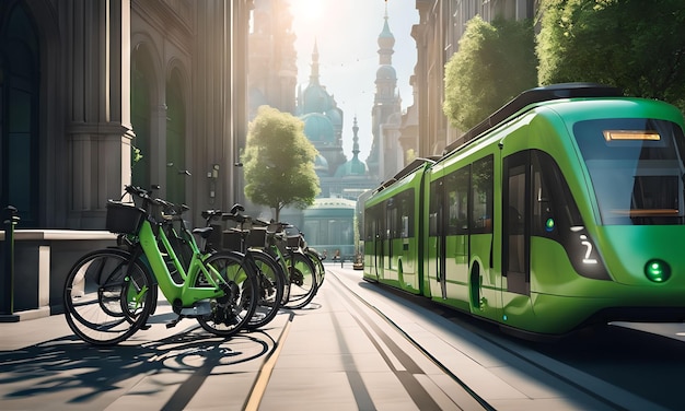 Photographie cinématographique d'un paysage urbain avec des voitures électriques, des vélos et des transports en commun