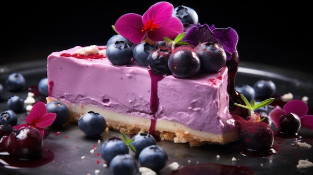 Photographie cinématographique de recettes culinaires en violet et rose générée par l'IA