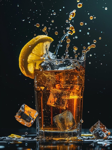 Photo une photographie commerciale d'un verre de thé au citron glacé avec des cubes de glace et des éclaboussures