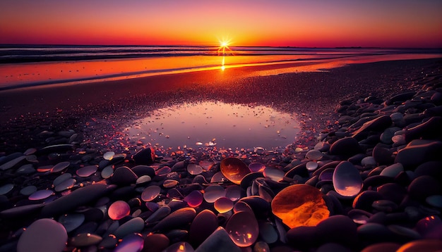 Photographie à couper le souffle d'une plage avec des pierres brillantes au coucher du soleil