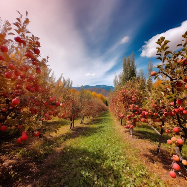 Photographie à couper le souffle d'un verger de pommiers colorés pendant la saison d'automne
