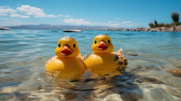 Photographie d'un couple de gigantesques canards en caoutchouc flottant dans l'océan f sharp extrêmement détaillées