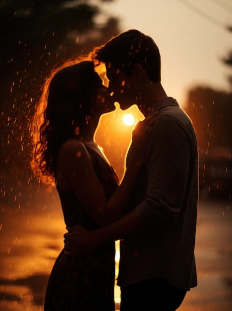 Photographie couple romantique s'embrassant sous la pluie au format portrait heure d'or