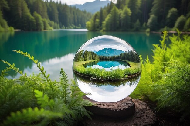 Photographie créative d'une boule de lentille de cristal d'un lac avec une grande verdure autour