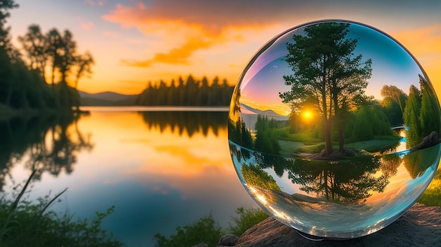 Photographie créative à boule de lentille de cristal de la verdure et d'un lac au coucher du soleil