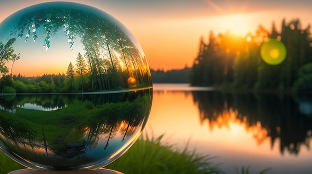 Photographie créative à boule de lentille de cristal de la verdure et d'un lac au coucher du soleil