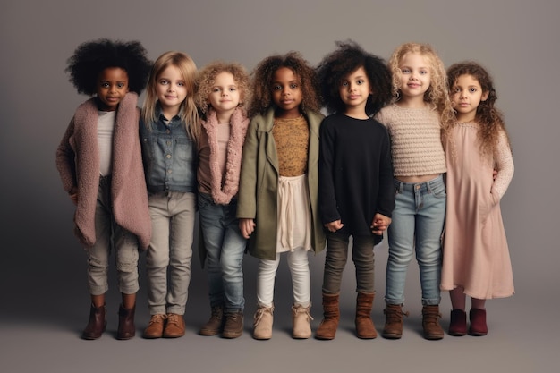 Photographie créée avec l'IA de plusieurs filles de différentes ethnies sur un fond gris avec des robes différentes Concept d'égalité sociale et d'inclusion