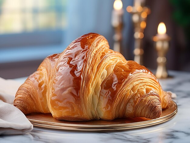 Photographie d'un croissant français sur la table en marbre blanc générée par l'IA