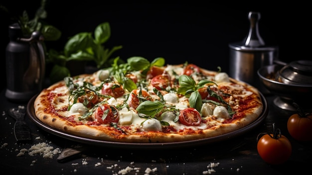 Photographie de cuisine classique de format carré Authentique pizza italienne Margherita présentée contre un