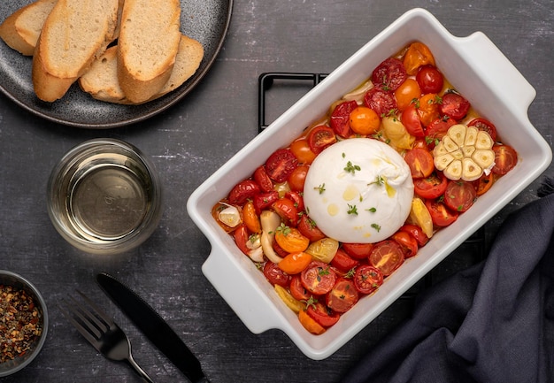 Photographie culinaire de burrata aux tomates cuites au four