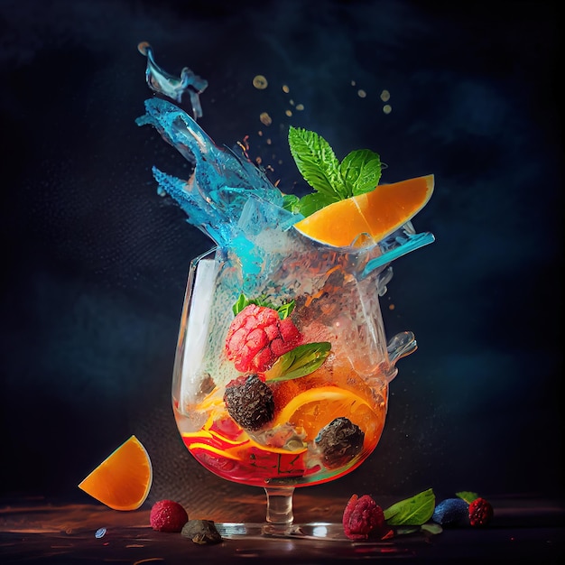 Photographie culinaire fantastique d'un cocktail coloré dans le bar avec des éclaboussures réalisées avec l'IA générative