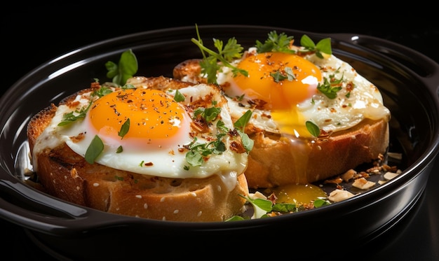 Photo photographie culinaire primée d'un toast avec des œufs