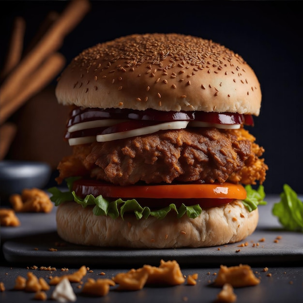 Photographie culinaire professionnelle de burger de poulet croustillant