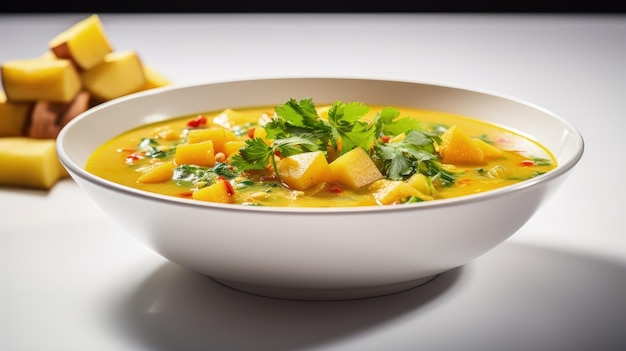 Photographie culinaire professionnelle de soupe de légumes au curry