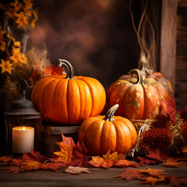 photographie d'un décor d'automne cosy avec des citrouilles et des feuilles dans des tons de brun orangé et d'or