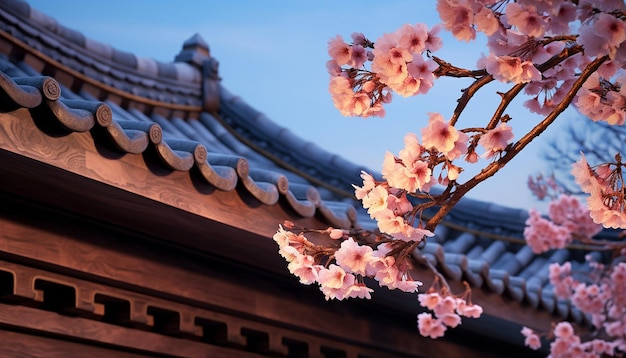 photographie de détail avec des fleurs de cerisier au crépuscule