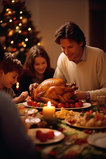 Photo photographie détaillée d'une famille ayant un dîner de noël autour de la table