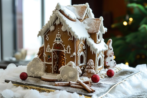Une photographie détaillée en gros plan montrant une maison de pain d'épice placée sur une table Une maison de paind'épice capricieuse avec du glaçage sur la neige générée par l'IA