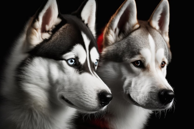 Photographie de deux huskies sibériens en gros plan extrême