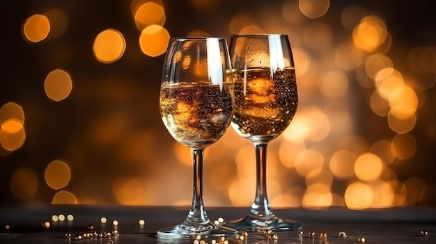 Photographie de deux verres de champagne en train de faire un toast dans la nuit avec des lumières bokeh