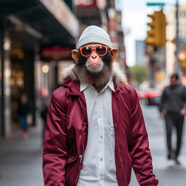 photographie documentaire singe humanisé portant un t-shirt blanc une veste bordeaux des lunettes de soleil et une casquette