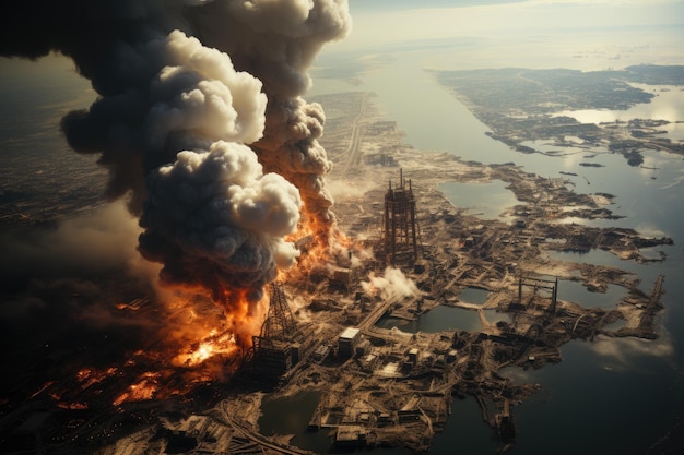 Une photographie dramatique et réaliste capture les conséquences d'un accident catastrophique dans une grande centrale nucléaire.