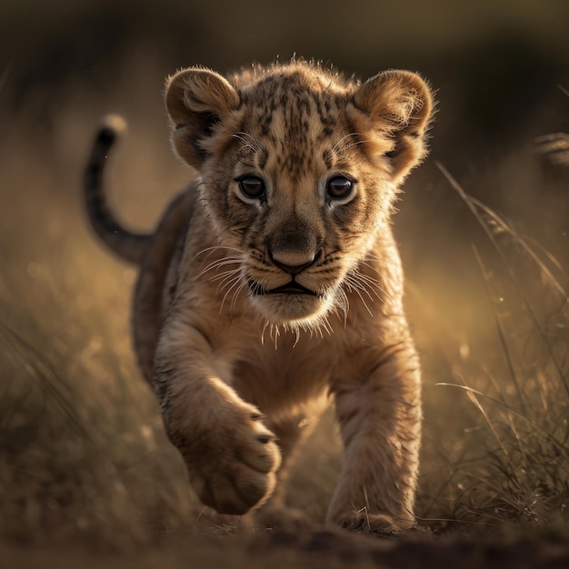 La photographie du bébé lion en cours d'exécution en gros plan