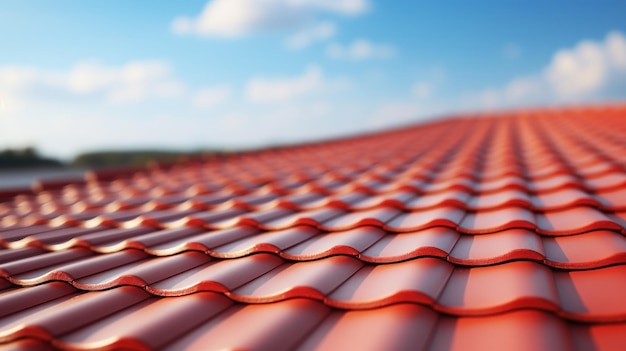 Photographie du nouveau toit En gros plan des tuiles rouges sur le ciel bleu