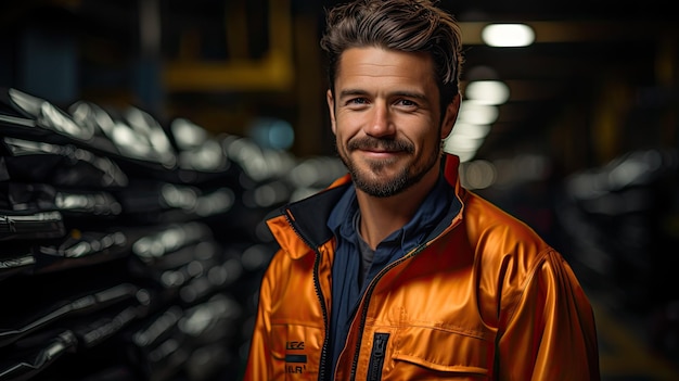 photographie du portrait d'un ouvrier avec des rouleaux de feuilles d'acier galvanisé à l'intérieur de l'usine ou de l'entrepôt.