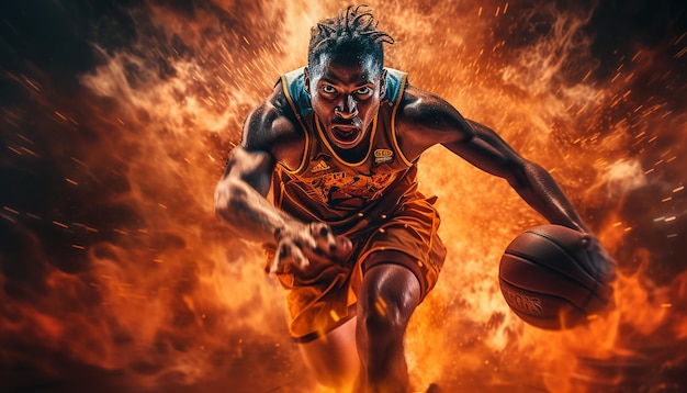 Photographie dynamique éditoriale de basket-ball en action