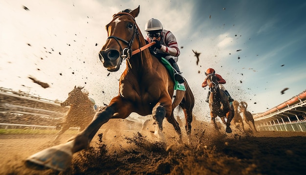 Photo photographie dynamique éditoriale de courses de chevaux dans l'hippodrome